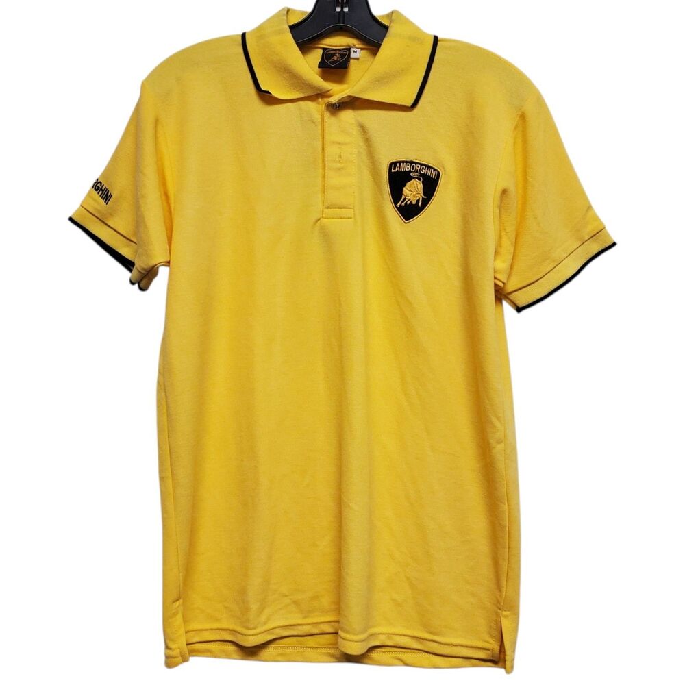 LAMBORGHINI Polo Shirt Mens Medium Yellow Embroidered Crest Collar Spell Out